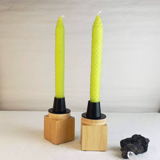 HONEY BRASS -- BRIGHT GREEN BEESWAX TAPER CANDLES