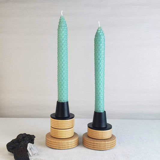HONEY BRASS -- SEAFOAM GREEN BEESWAX TAPER CANDLES