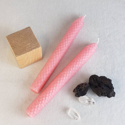 HONEY BRASS -- CARNATION PINK BEESWAX TAPER CANDLES